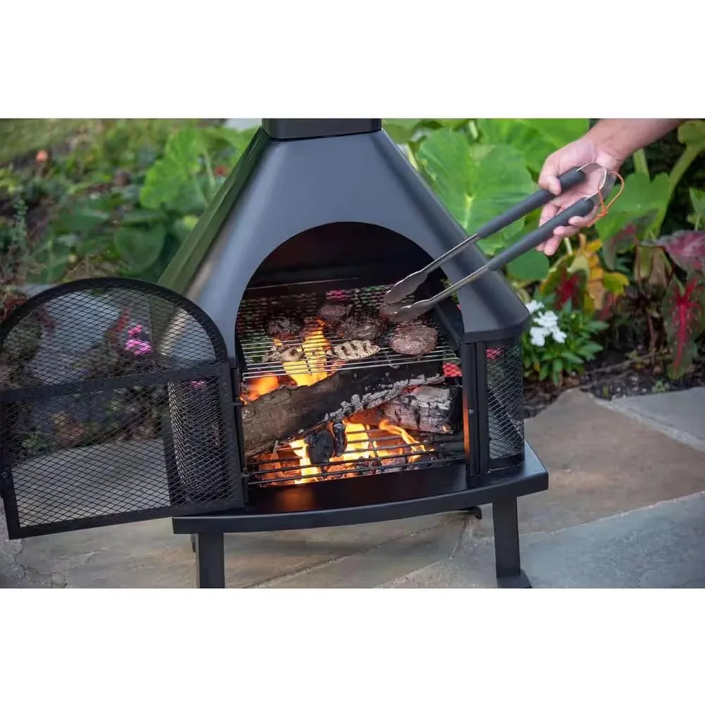 Wood Burning Fireplace Outdoor Steel Chimney Rectangular Fire Bowl for Backyard Patio or Deck Bonfire Heating, Black