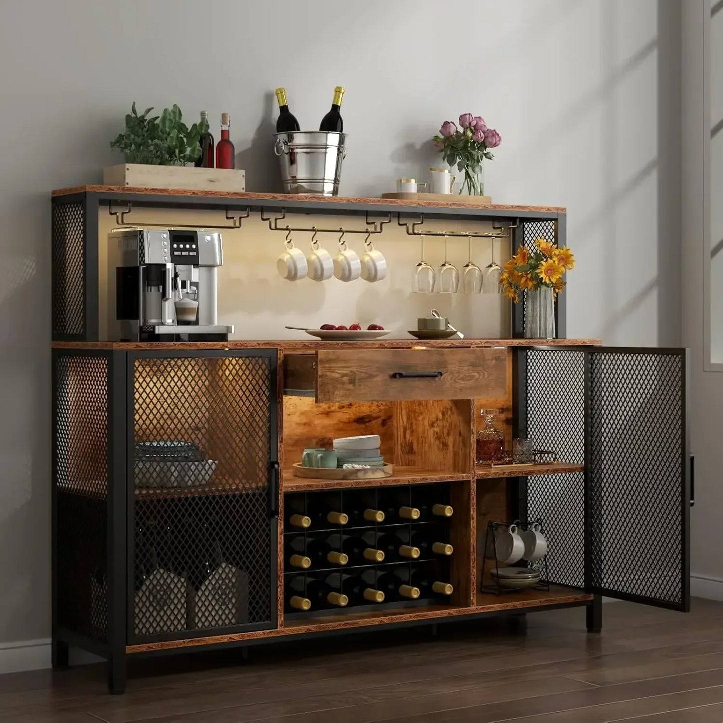 Wine Bar Cabinet, 55 Inches Industry Coffee Bar Cabinet with Wine Rack and Glass Holder, Kitchen Sideboard Buffet Cabinet