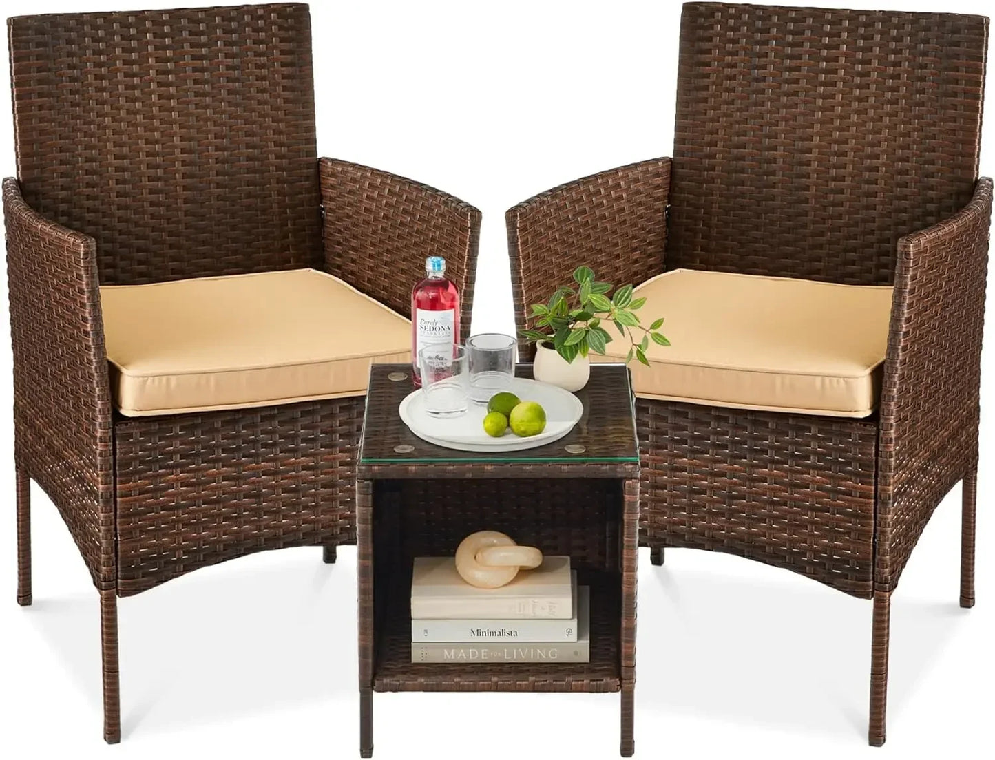 3-Piece Outdoor Wicker Conversation Bistro Set, Space Saving Patio Furniture for Yard, 2 Chairs, 2 Cushions, Side Storage Table