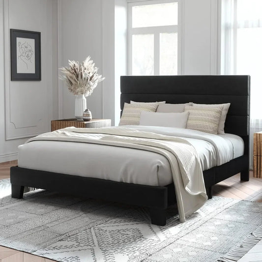 Queen Size Platform Bed Frame with Velvet Upholstered Headboard and Wooden Slats Support, Fully Upholstered Mattress