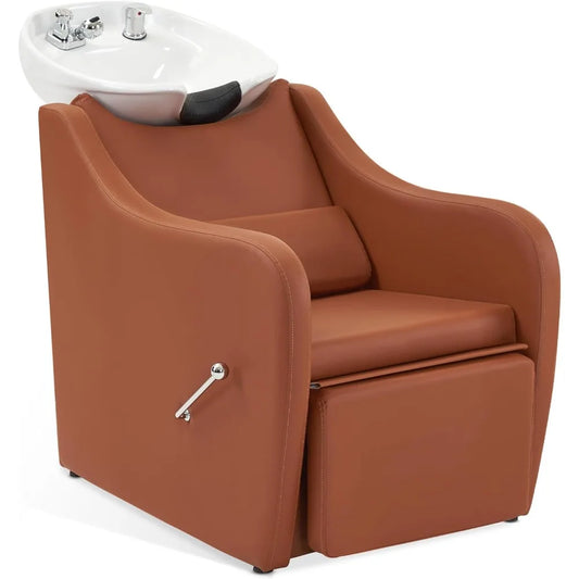 Shampoo Barber Classic Chairs, Ceramic Shampoos Bowl Sink Chair Station for Spa Beauty Salon,Reclining Shampoo Station Chair