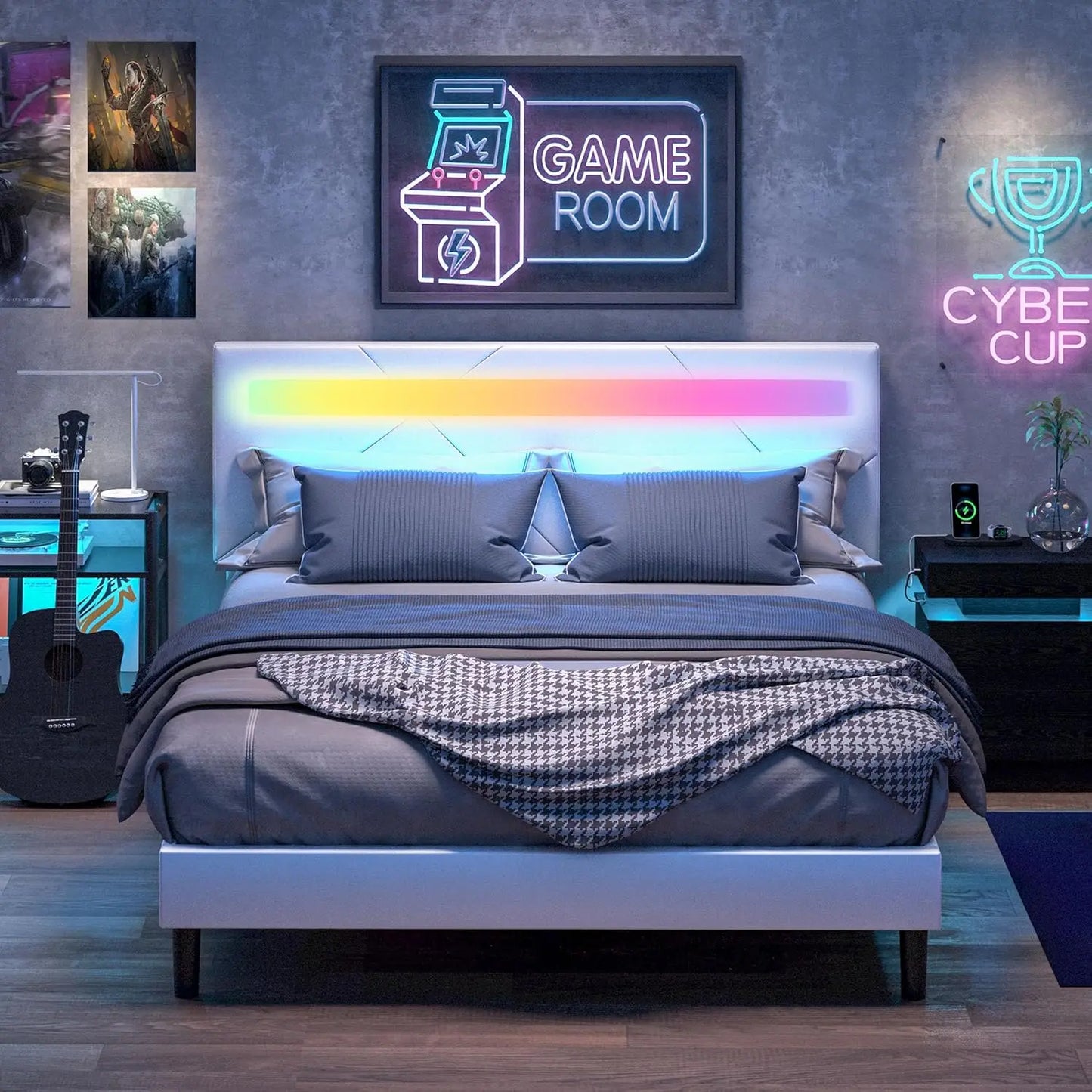 Bed Frame with LED Lights(Smart APP Control), Upholstered Modern Platform Bed Frame, No Box Spring Needed, Bed Bases