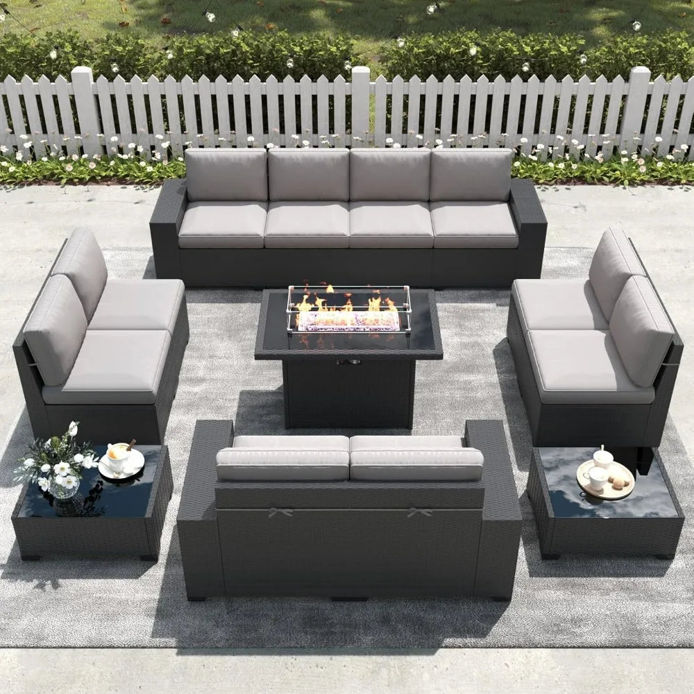 13 Pieces Outdoor Patio Furniture Set with 44" Fire Pit Table Brown Rattan Sectional Sofa Conversation Sets