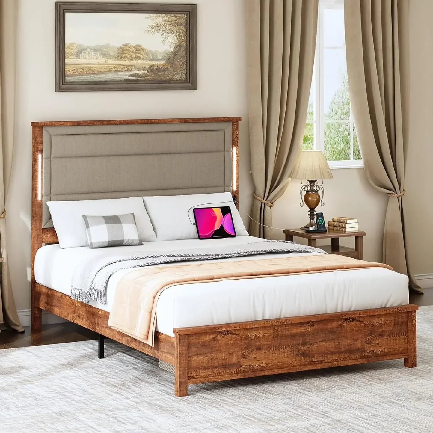 Bed Frame with Tall Headboard & LED Light, Wooden Support Platform Bed Frame Linen Upholstered Headboard with Charging Station