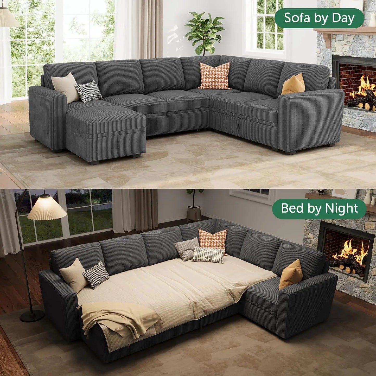 Sectional Couch with Pull Out Bed, Corduroy Sleeper Sofa with Storage Seats Ottoman, U Shaped Sectional Couches for Living Room