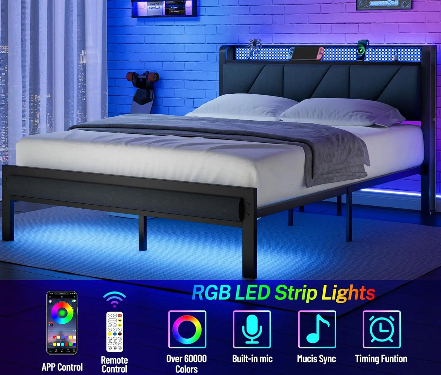 Queen Size Bed Frame with Headboard and LED Lights,Upholstered  with Charging Station and USB Port, Platform Metal Bed Frame,No