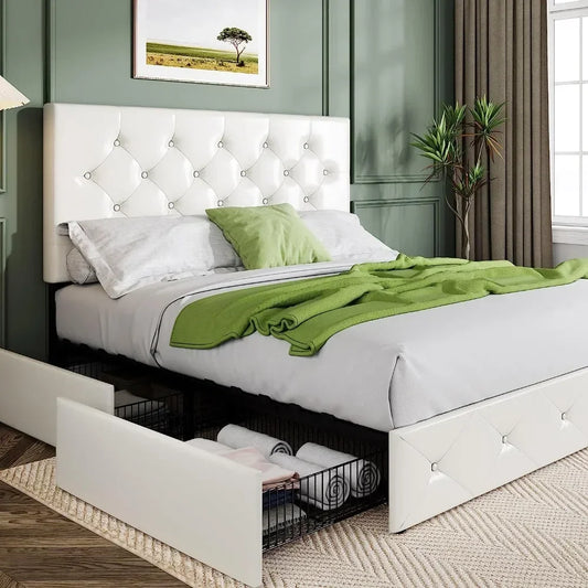 King Platform Bed Frame with 4 Storage Drawers and Headboard,Wood Slats Support Mattress Foundation,White Modern King Bed Frame