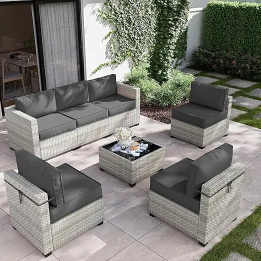 7-Piece Outdoor Patio Furniture Set, Gradient Wicker Sectional Sofa, Wicker Patio Conversation Set, Garden Furniture Sets