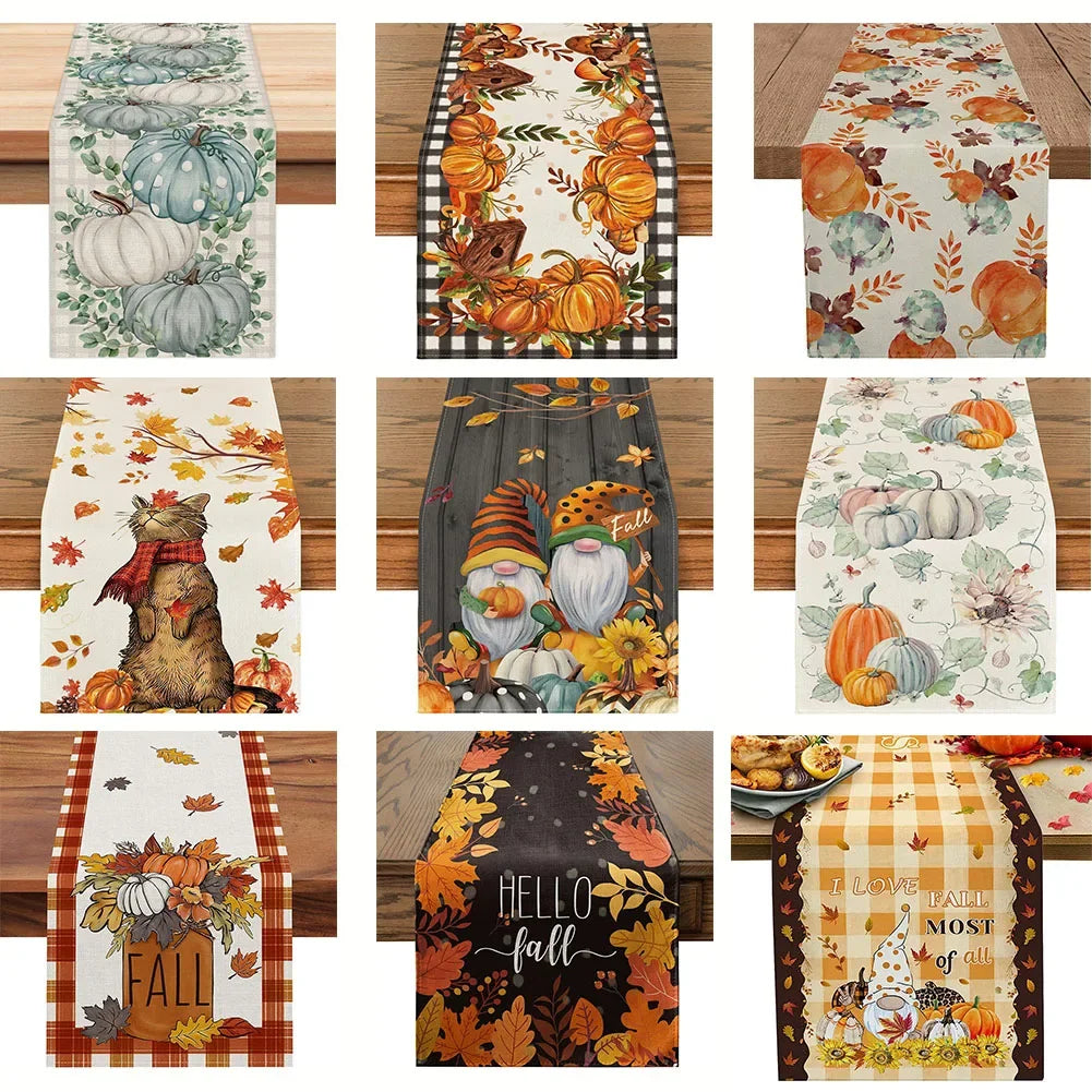 Thanksgiving Autumn Maple Leaves Table Runner Christmas Dinner Table Cloth Wedding Party Halloween  Decor Cotton Linen Tableclot