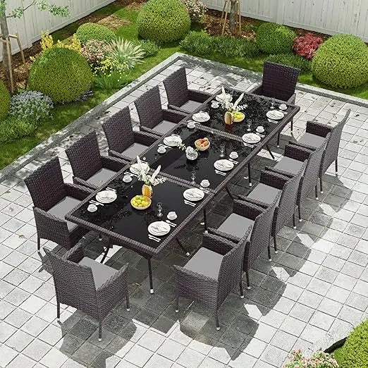 15-Piece Outdoor Dining Set,Square Glass Tabletop with Umbrella Hole for Patio,Backyard,Garden,Patio Rattan Furniture Set