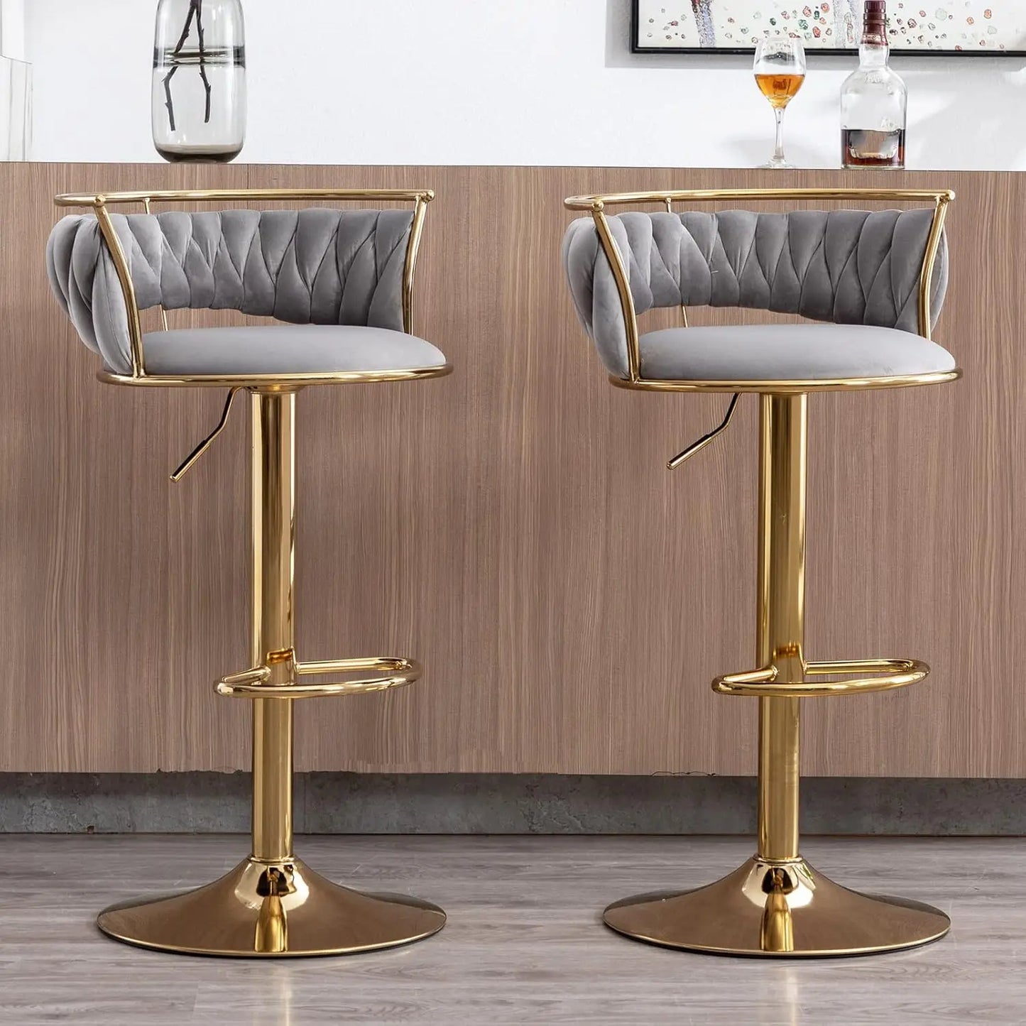 Swivel Bar Stools Set of 2, Velvet Adjustable Height Barstools Low Back Kitchen Island Counter with Golden Base Modern Bar Chair