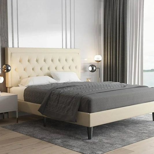 Fabric Upholstered Bed Frame With Adjustable Headboard Bases and Bed Frames Wooden Slat Support Bedroom Furniture Queen Base Set