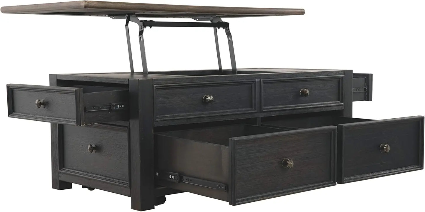 Rustic Farmhouse Lift Top Coffee Table with Drawers, Brown & Black