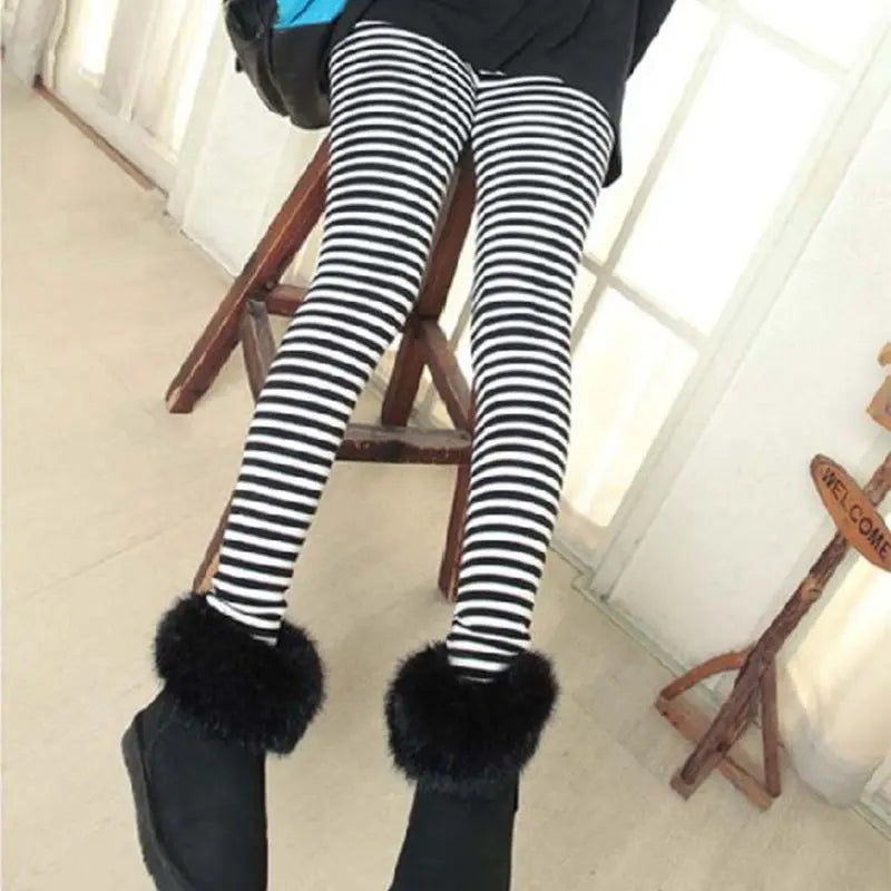 Womens Autumn Ankle Length Skinny Leggings Black White Horizontal Striped Printing Pencil Pants Stretch Casual Tights