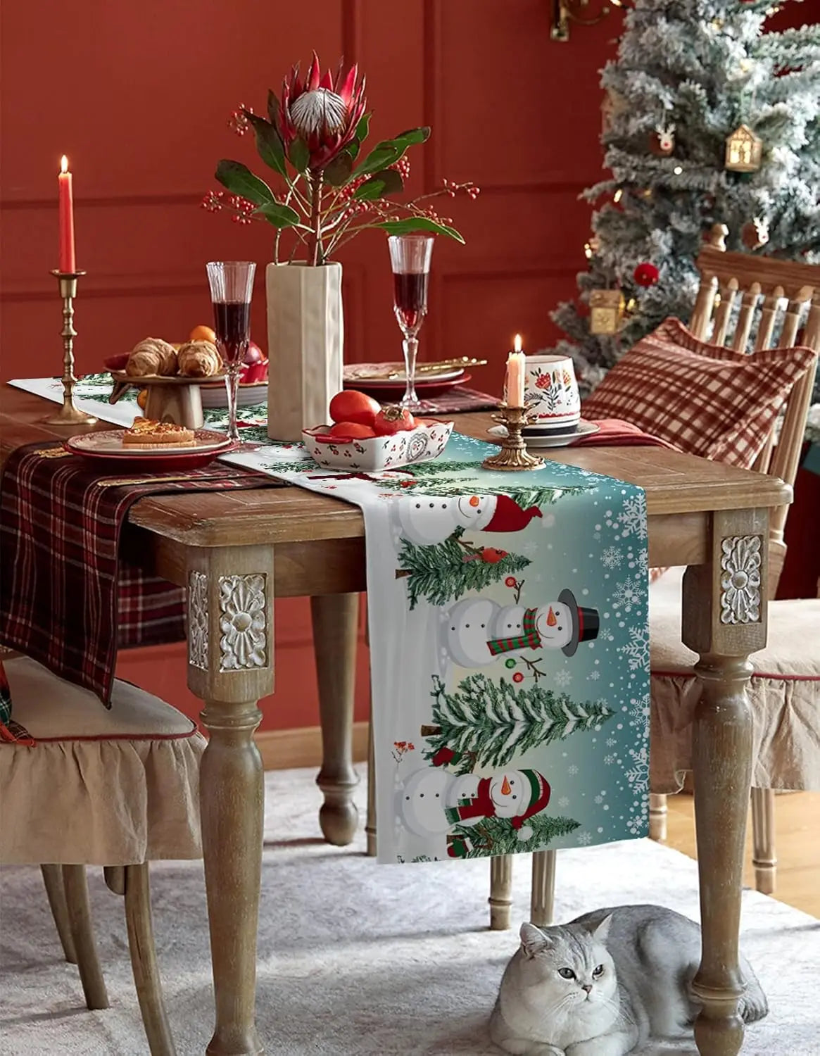 Christmas Snowman Linen Table Runners Dresser Scarf Decorations Reusable Kitchen Home Dining Table Runners Christmas Decorations