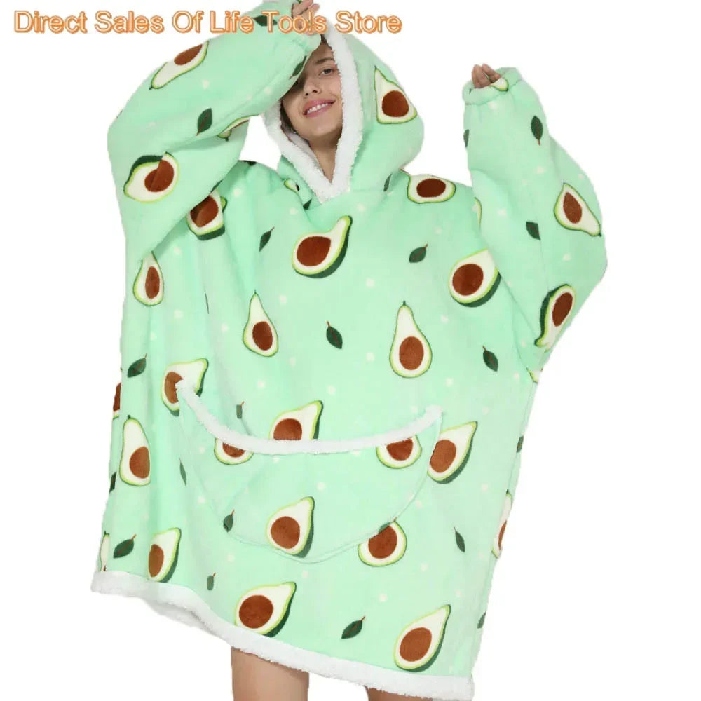 Oversized Blanket Hoodie for Women Men Wearable Blanket Hoodie with Sleeves Cute Cartoon Avocado Print Sweatshirt Winter Clothes