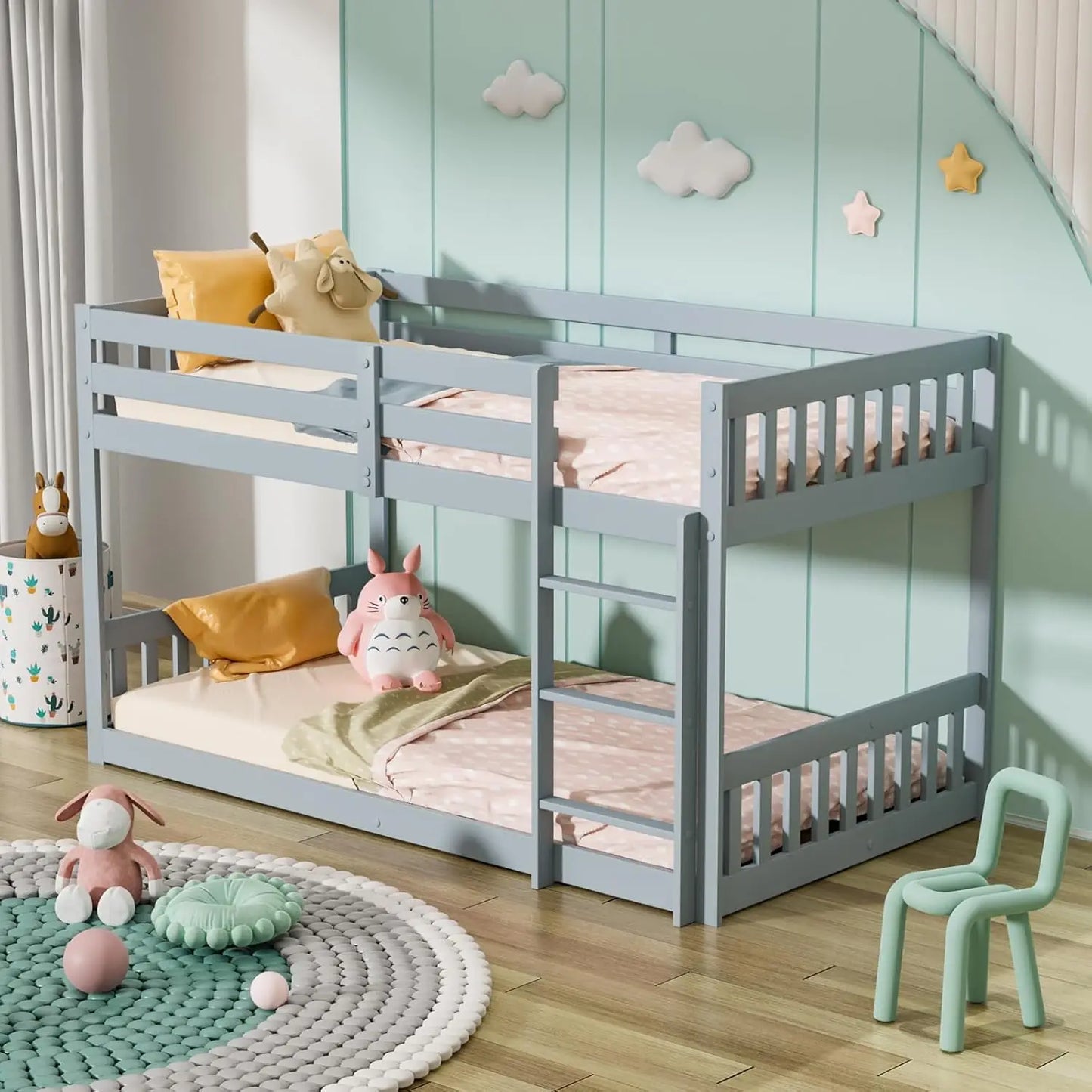 Bunk Bed for Kids/Toddlers/Junior, Bunk Bed Frame with Guardrails & Ladder for Boys Girls, No Box Spring Needed, White