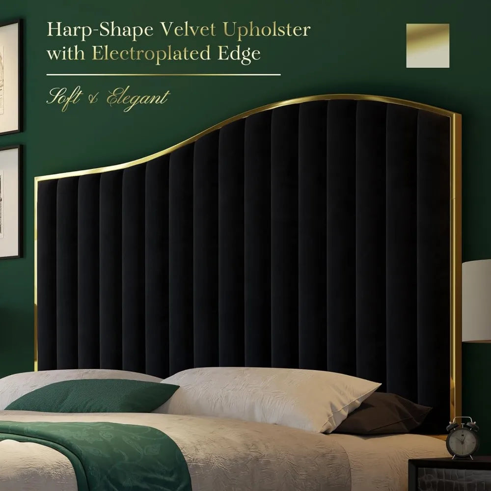 King Size Harp Bed Frame, Velvet Upholstered Platform Beds with 61.4" Vertical Channel Footboard/Wooden Slats, Bed Fram