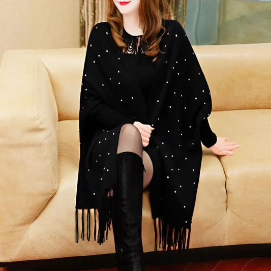 4 Colors Soild Cloak Oversize Beading Crystal Winter Knitted Shawl Poncho Out Wear Coat Gift For Women Shinny Long Sleeves Cape