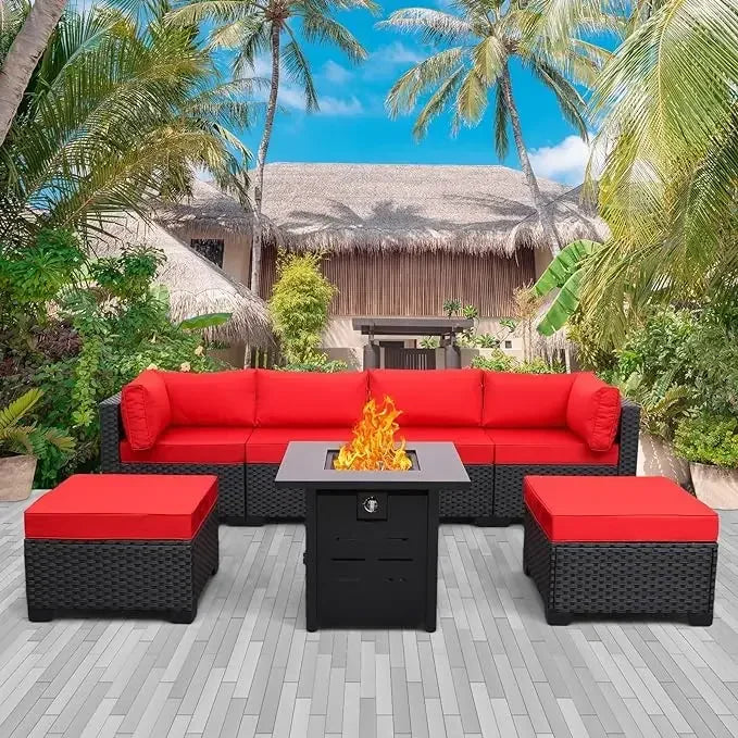 7 Pieces Outdoor PE Wicker Furniture Set Patio Rattan Sectional Conversation Sofa Set with Red Cushions and Fire Pit Table