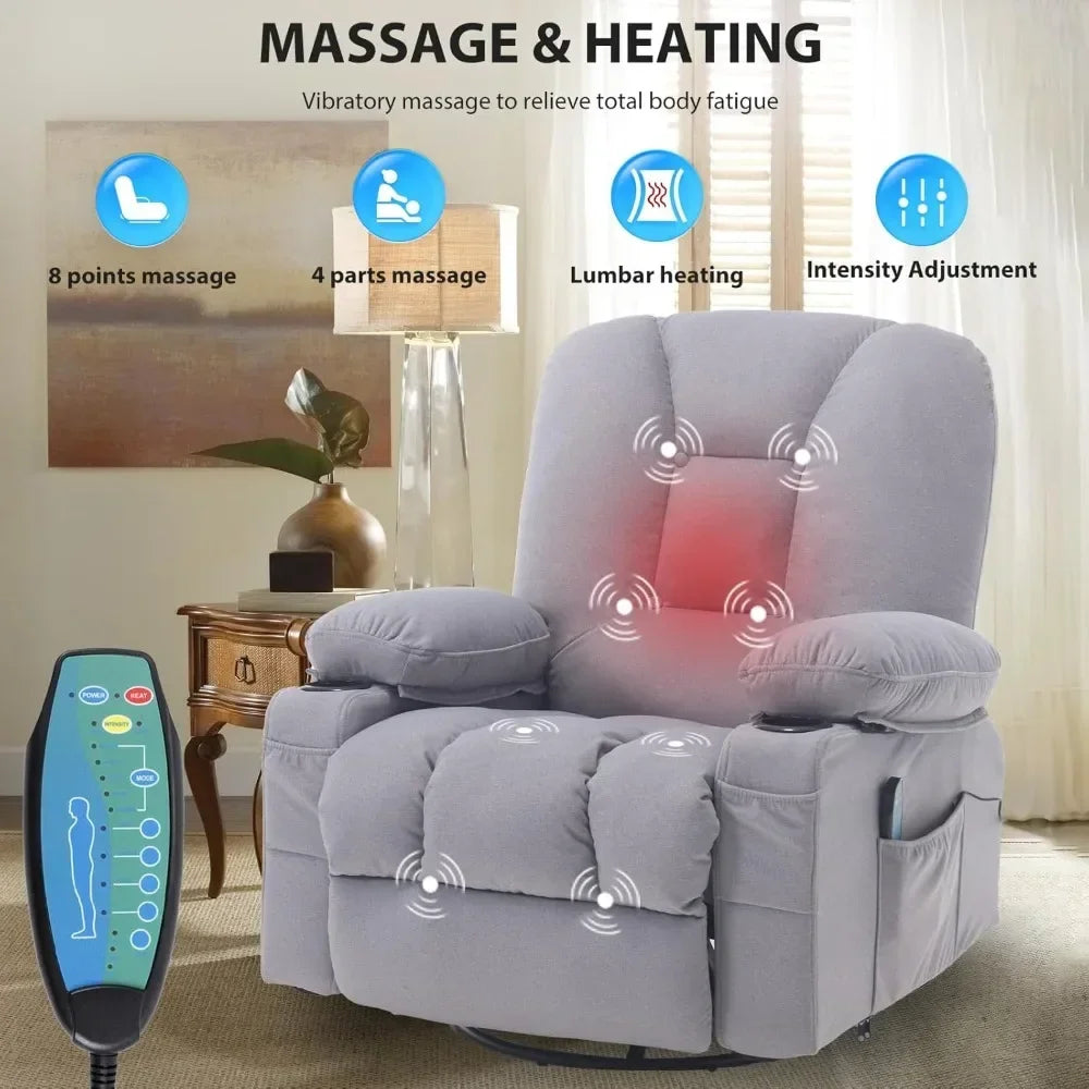 Recliner Chair for Adults,Rocker Recliners with Massage Heat,Fabric Overstuffed Swivel Glider with Cup Holder,Living Room Chairs