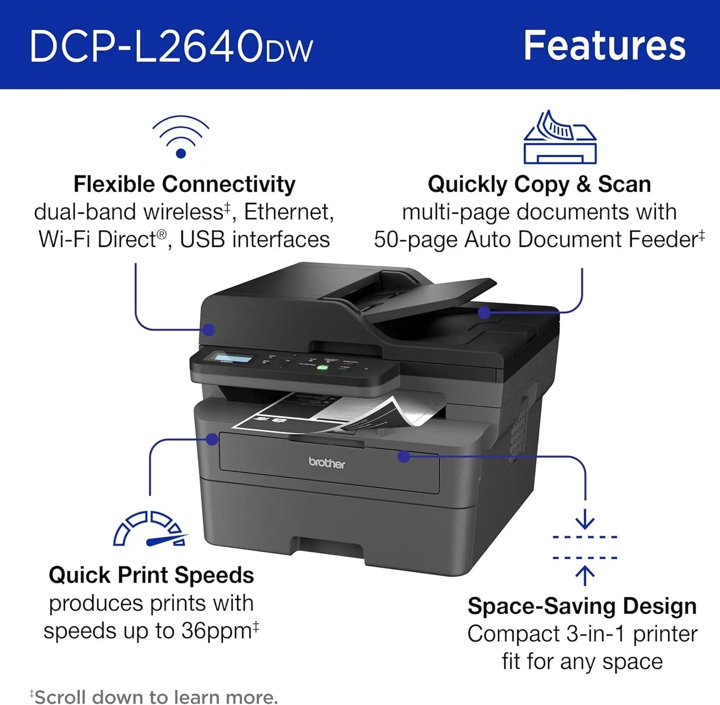 Wireless Compact Monochrome Multi-Function Laser Printer with Copy and Scan, Duplex, Mobile, Black & White Includes