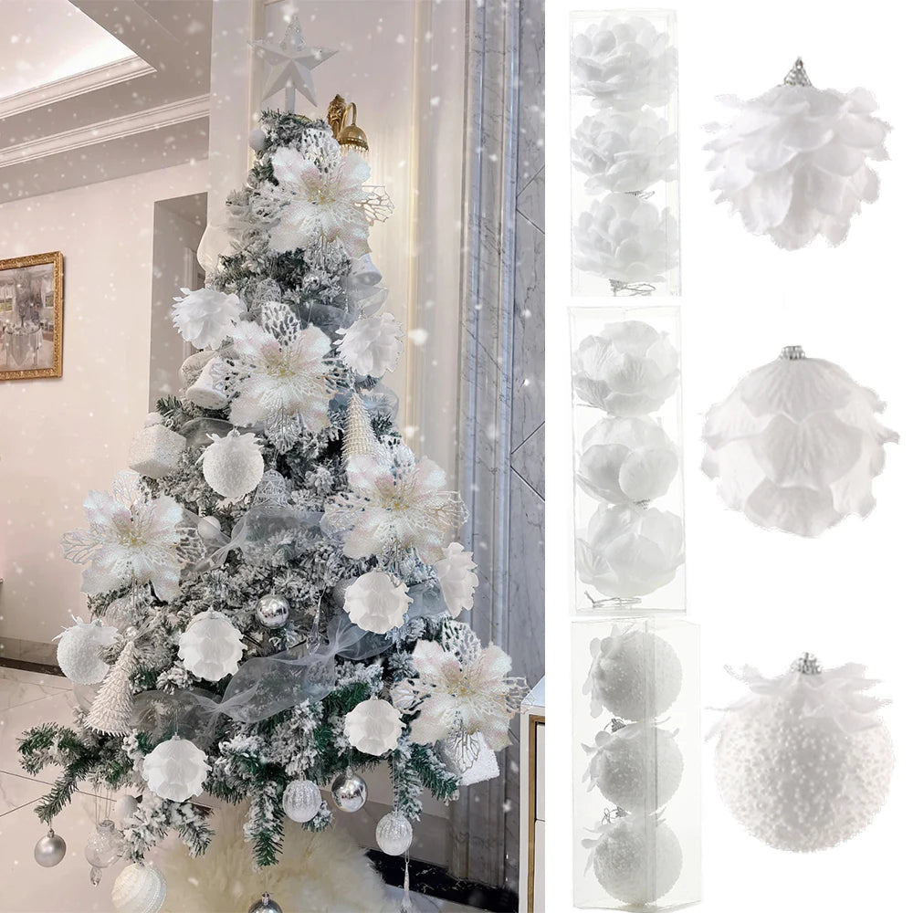 3pcs/Box 8cm Christmas Tree Ornaments White Petal Shape Balls Foam Snow Ball Xmas Hanging Pendants New Year Party Decor Navidad