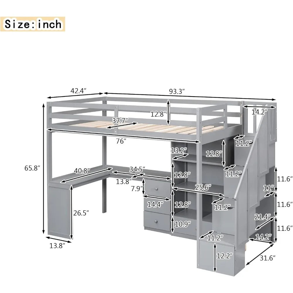 Loft Bed ,with Storage Shelves and Drawers, Twin Lofts Bunk Bed Frame for Kids Boys Girls Teens, Wooden Loft Beds