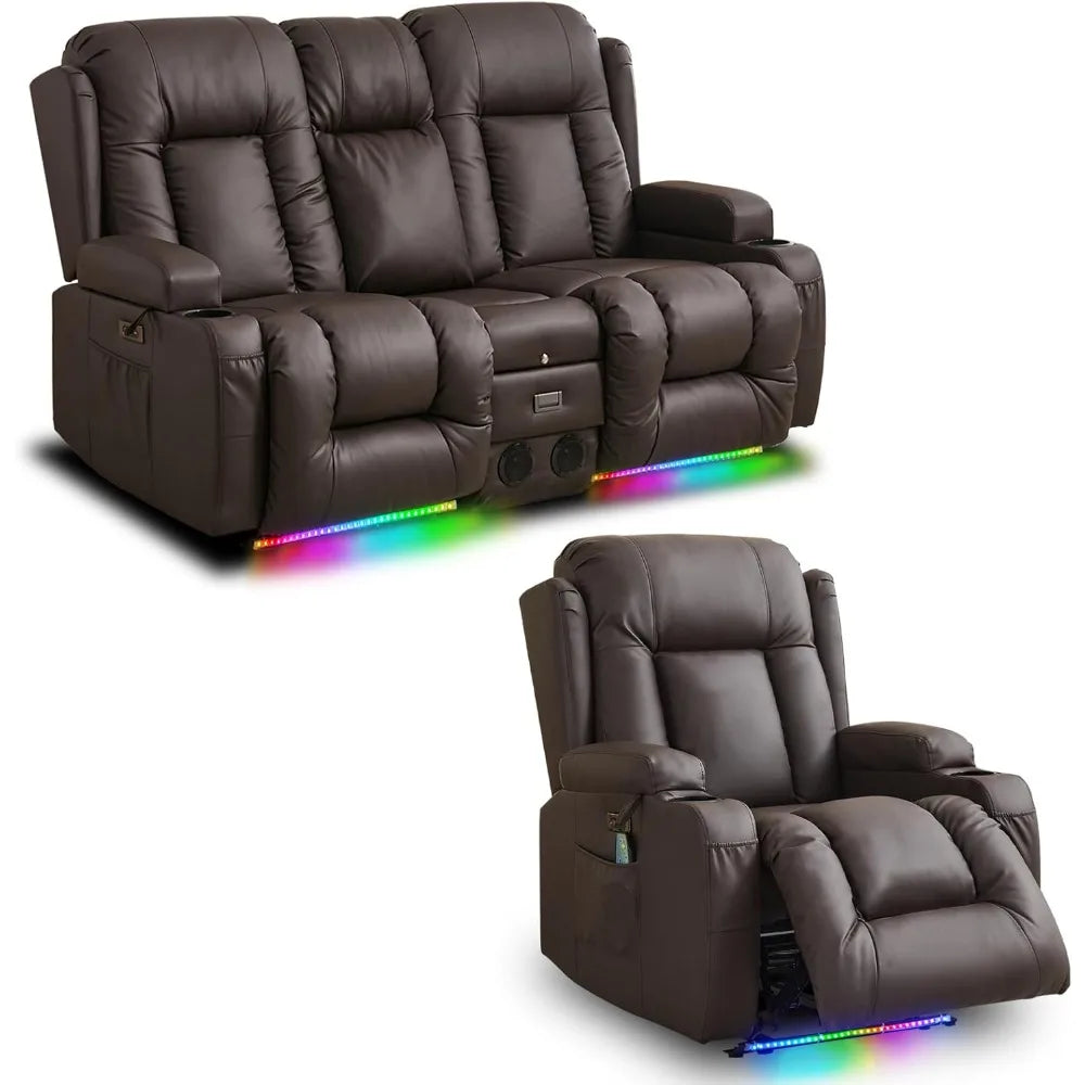 Power Loveseat Recliner Set - 67"Reclining+Single Power Recliner Chair,2-Seater Recliner Sofa with Console,4 Colors LED Strip