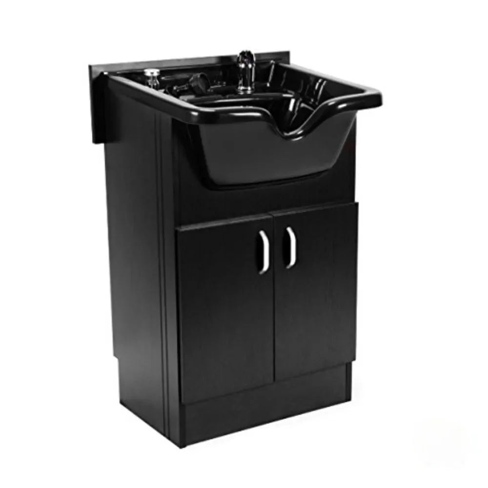 A Set of Salon Shampoo Cabinet with Shampoo Bowl, Faucet, Drain Pipe, and Black Reclining Chair, Salon Shampoo Chair