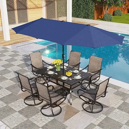 8PCS Patio Dining Set,with 13ft Large Patio Umbrella, 6Outdoor Swivel Chairs & 1 Rectangle Metal Table,Outdoor Dining Table Sets