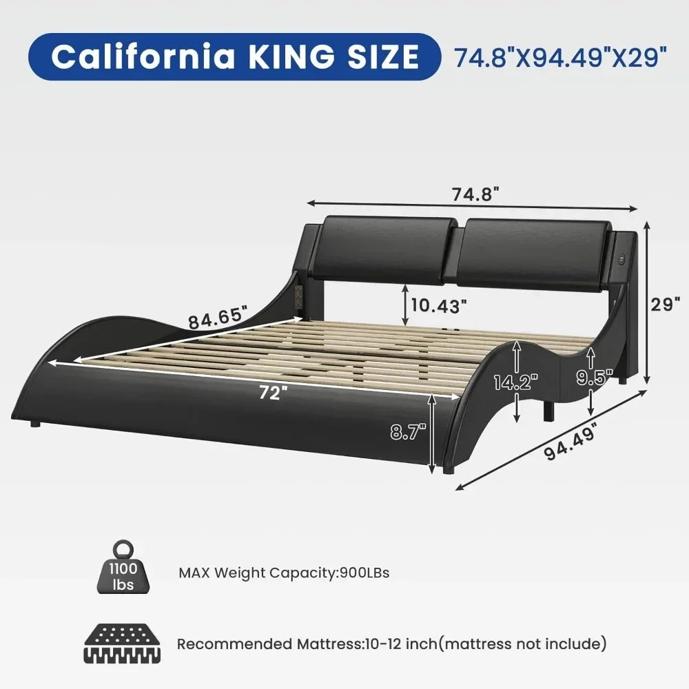 California King Bed Frame with Headboard and Led Lights， USB & Type-c Ports Faux Leather Bed,No Box Spring Needed Black