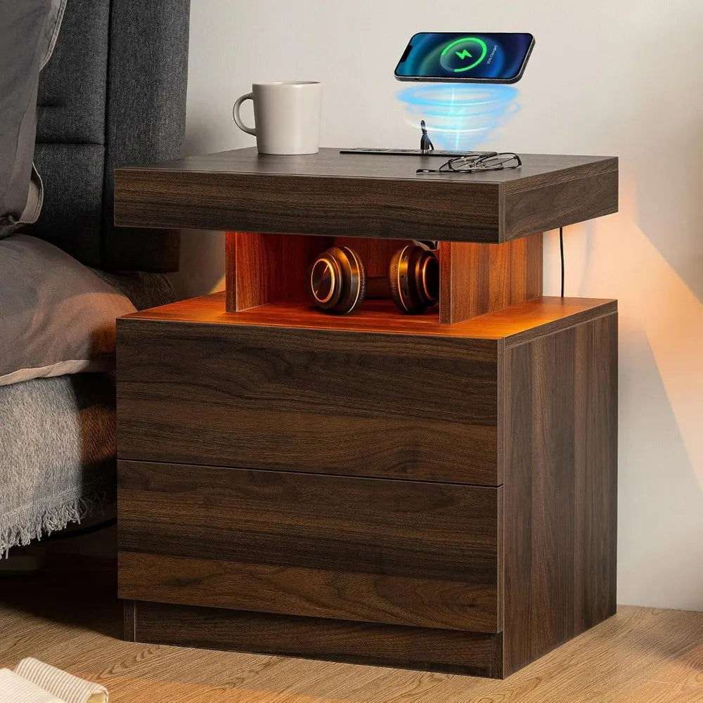 Set of 2 Rustic Brown Nightstands with Wireless Charger Station LED Bedside Table with 3 Drawers, Open Shelf Smart Nightstand