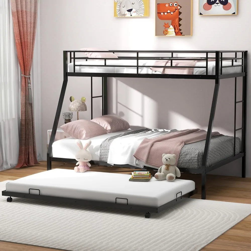 Bunk Bed with Trundle, Heavy-Duty Metal Bunk Bed Frame with Guardrail & 2 Ladders, Space-Saving Bunk Bed for Kids/Teens/Adults