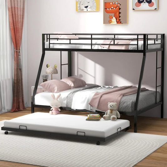 Bunk Bed with Trundle, Heavy-Duty Metal Bunk Bed Frame with Guardrail & 2 Ladders, Space-Saving Bunk Bed for Kids/Teens/Adults