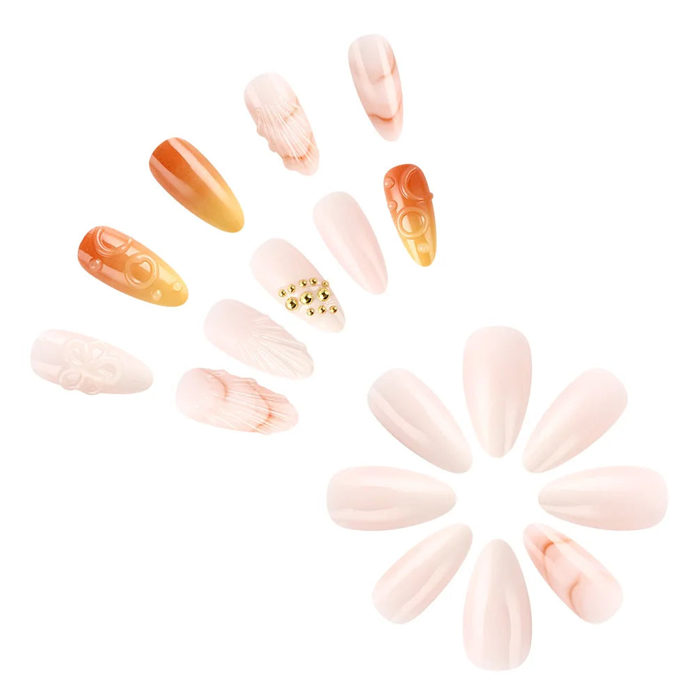 24pcs Embossed Fake Nails 3D Flower Seashells Gold Diamond Decor Autumn Winter Press On Nail Gradient Orange French False Nails