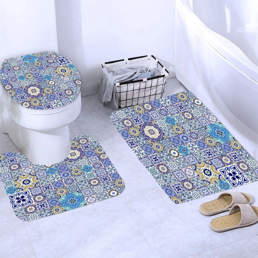 Ethnic Greek style Shower Curtains Waterpoof Bathroom Curtain  Traditional Meander Border Bath Curtain Set Bath Mats Rug Decor