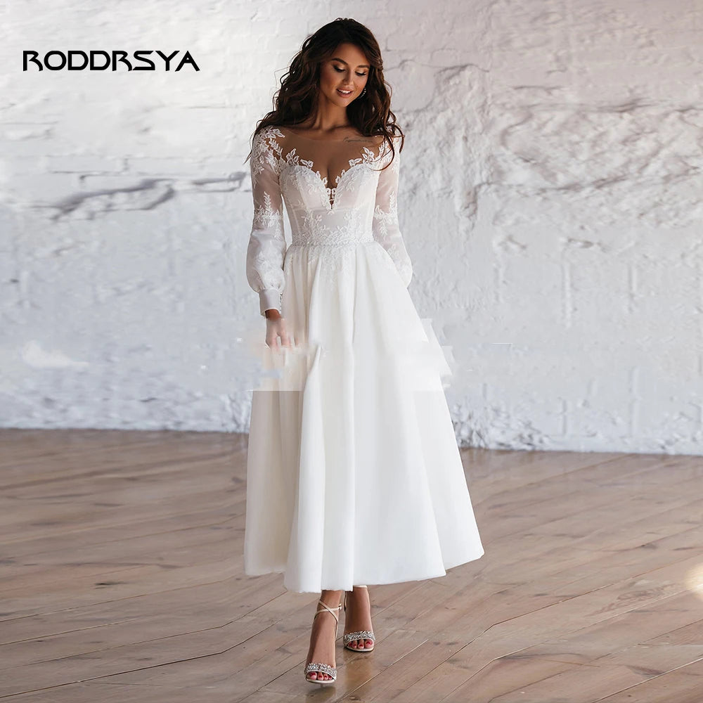 RODDRSYA Vintage Beach Short Wedding Dress For Woman Elegant Long Sleeves Scoop-Neck Bridal Gown Civil A-line Robe De Mariee