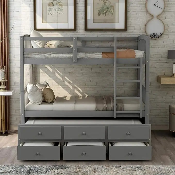 Twin Over Twin Bunk Bed with Safety Rail, Ladder, Twin Trundle Bed with 3 Drawers for Bedroom, Guest Room Furniture