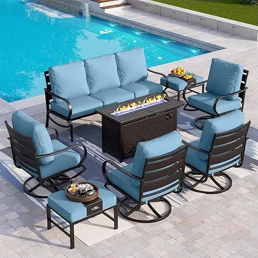 8 PCS Patio Furniture Set, Fire Pit Table,1 X 3-Seat Bench Sofa, 2 X Swivel Sofa Chairs, Modern Patio Set, Garden Furniture Sets