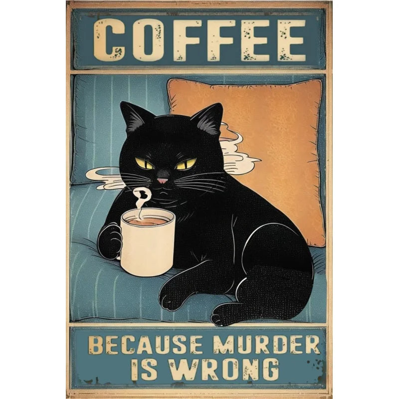 Black cat coffee metal tin painting kitchen wall decoration retro poster 30x20 cm