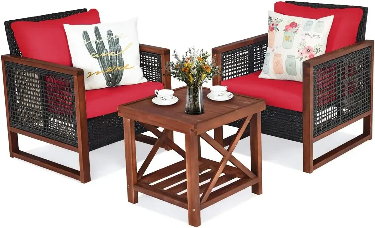 Rattan Outdoor Furniture Set with Washable Cushion and Acacia Wood Coffee Table, Outdoor Bistro Set, Free Shipping