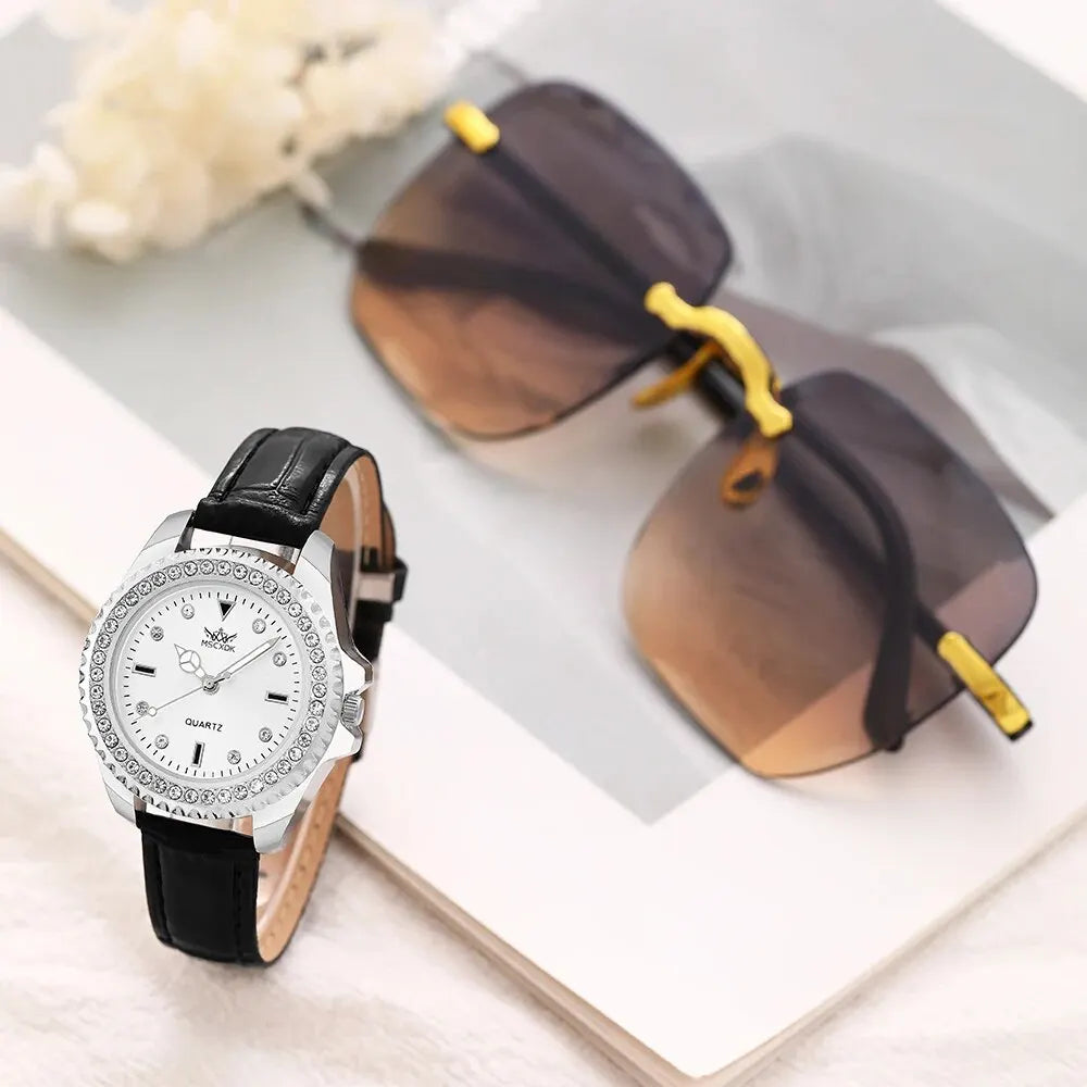 2PCS Set Women Fashion Casual Leather Belt Watches Glasses Ladies Rhinestone Dial Quartz Wristwatches Dress Clock Montre Femme