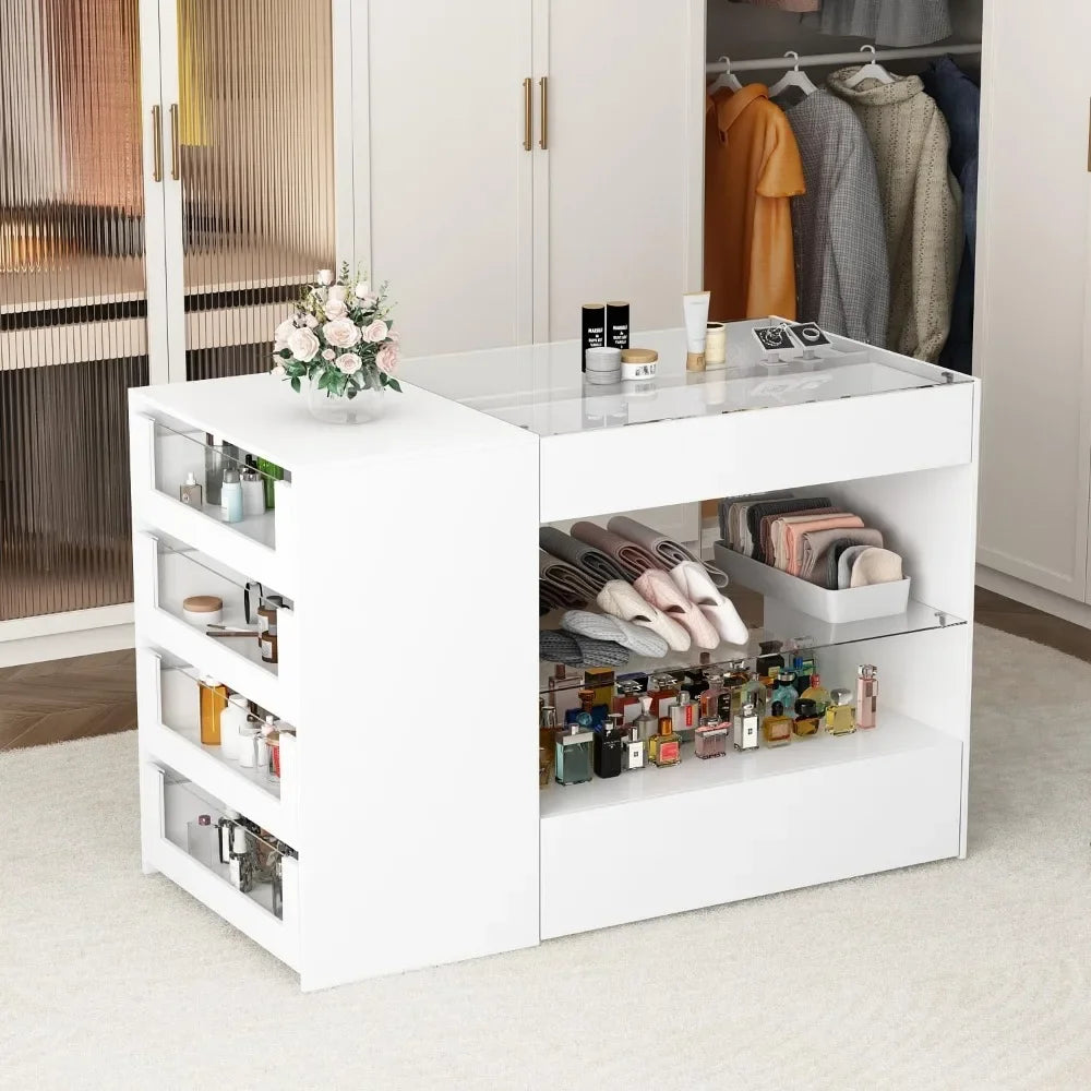 Wardrobe Armoire Bedroom Island,Closet Storage Cabinet Open Shelves for Bedroom White with Glass Top, Glass Display Shelf