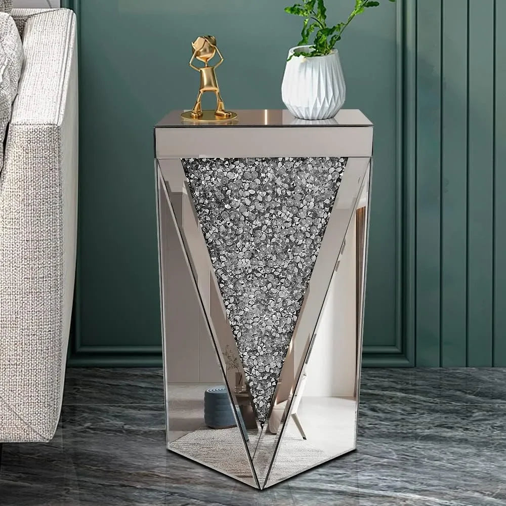 Silver Mirrored End Table, Crystal Inlay Side Table Accent Table, Small Mirrored Coffee Table for Living Room