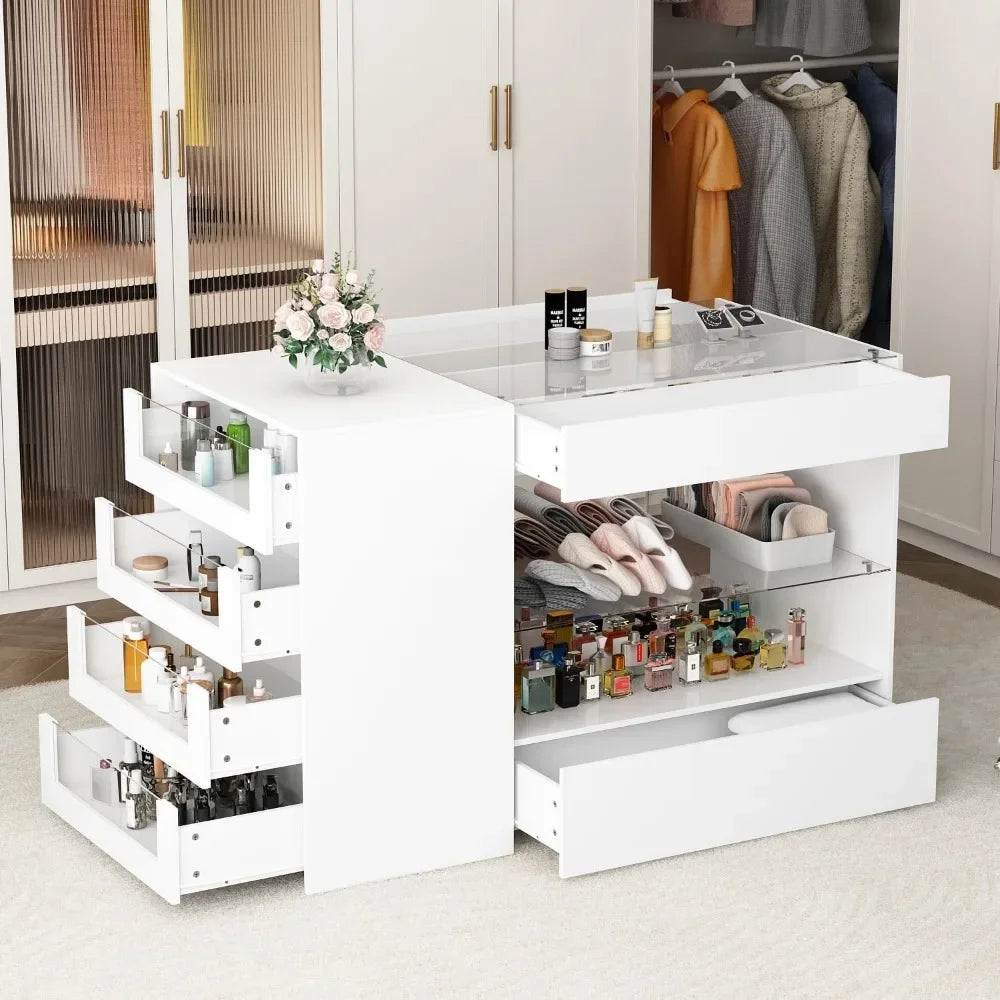 Wardrobe Armoire Bedroom Island with Glass Top,Glass Display Shelf & 6Drawers,Closet Storage Cabinet with Open Shelves for Shops