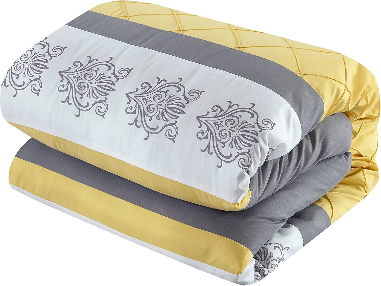 10 Piece Comforter Set Pintuck Pieced Block Embroidery Bed in a Bag with Sheet Set, Queen Grey Yellow