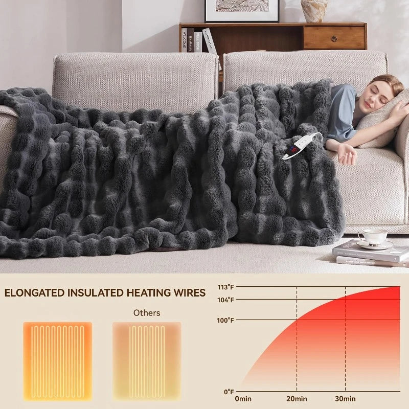 Heated Blanket Throw with Auto-Off 6/10 Heat Level, Cozy Faux Rabbit Fur Bubble Electric Blanket with Overheating Protection