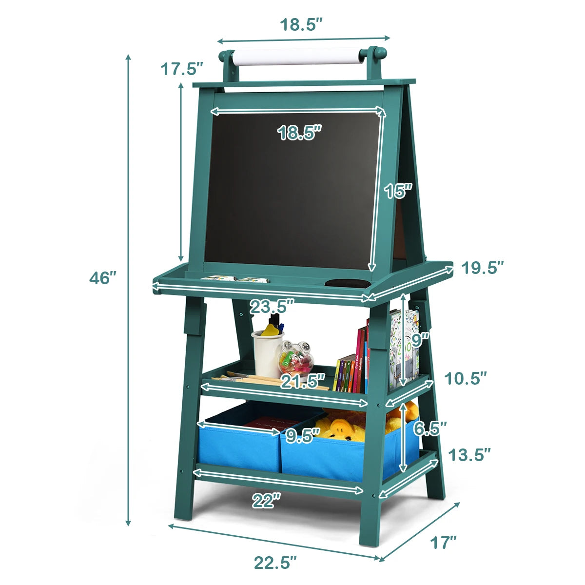 3 in 1 Double-Sided Storage Art Easel w/Paint Cups for Kid Writing Teal Frosting