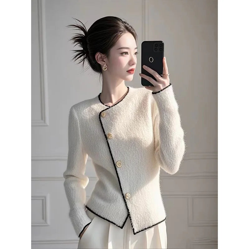 Autumn Winter Vintage Fashion Thick Warm Solid Knitted Cardigan Women's Clothing Elegant Slim Wool O-neck Soft Sweaters